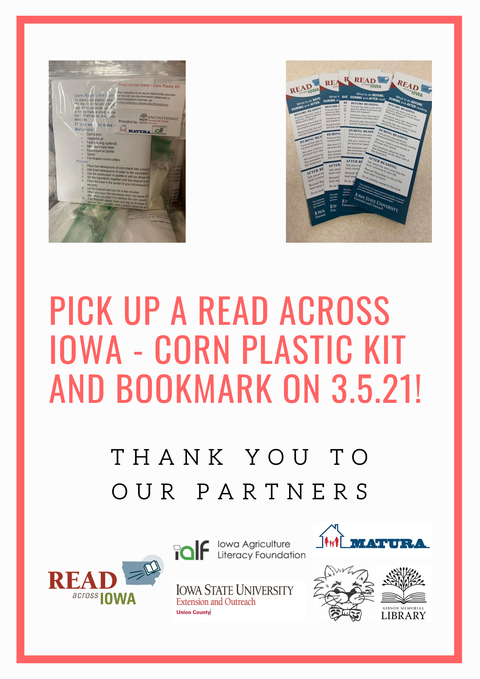 Pick up a Read Across Iowa - Corn Plastic Kit Friday, March 5, 2021
